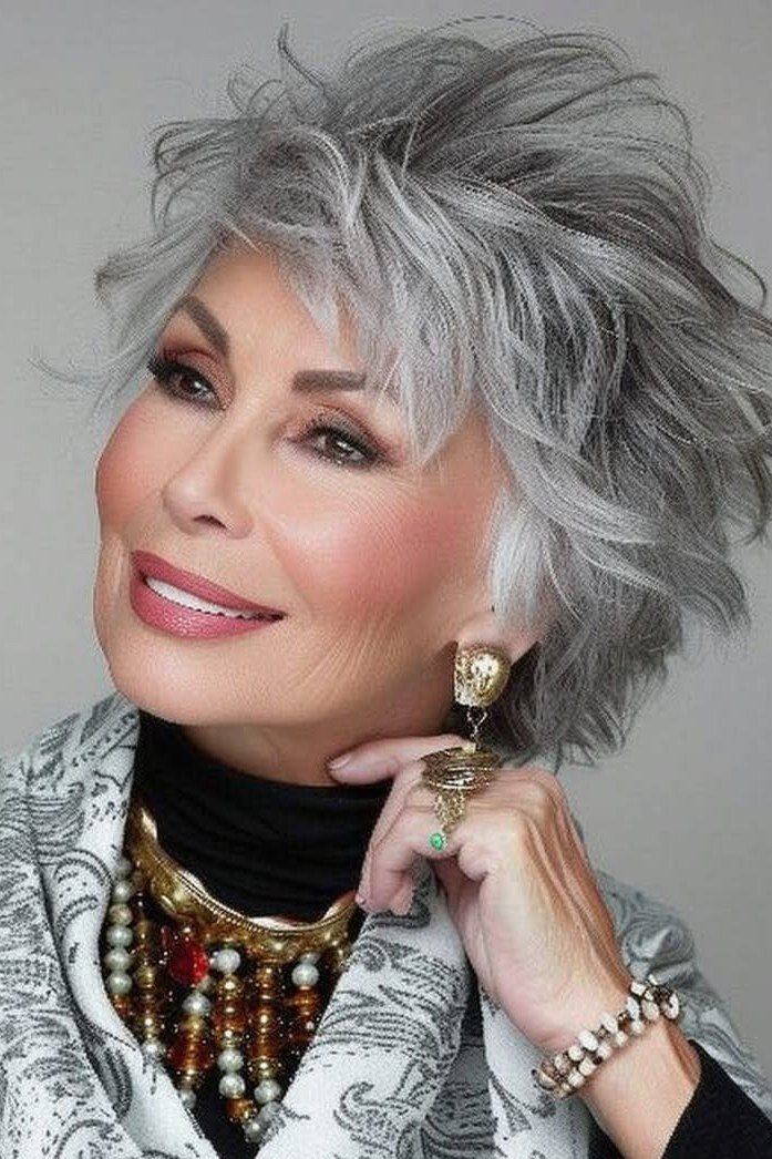 Voluminous blowout silver pixie for women over 60