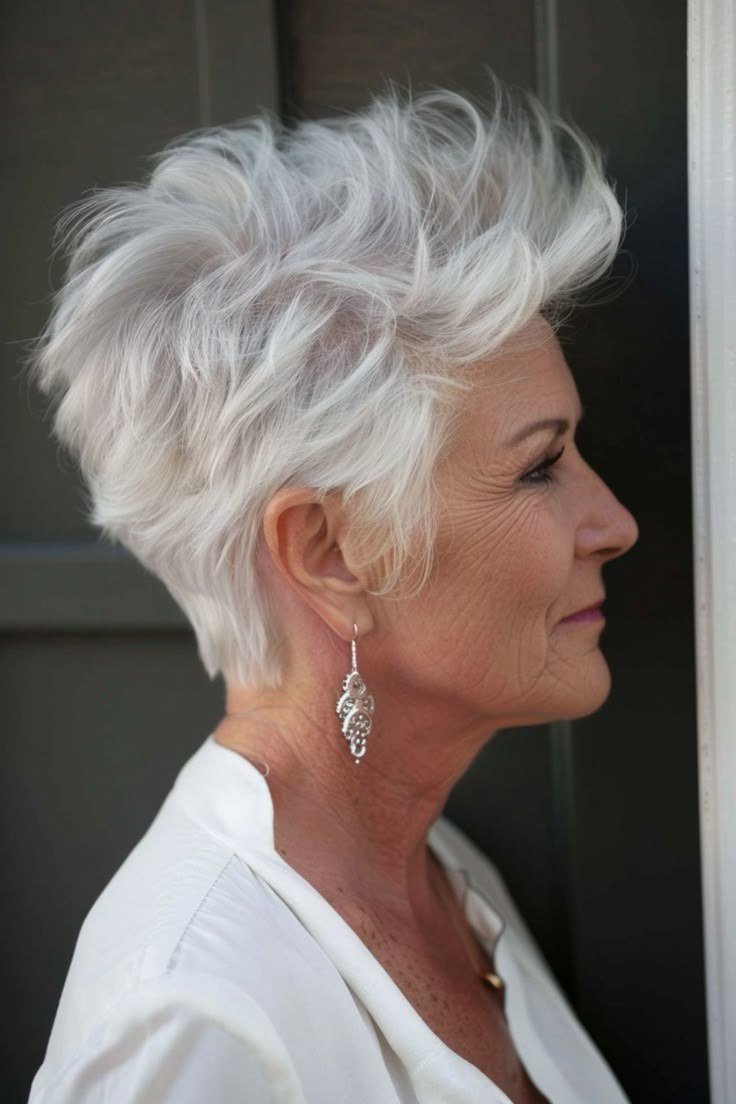 Bold spiky white pixie for older women, side profile
