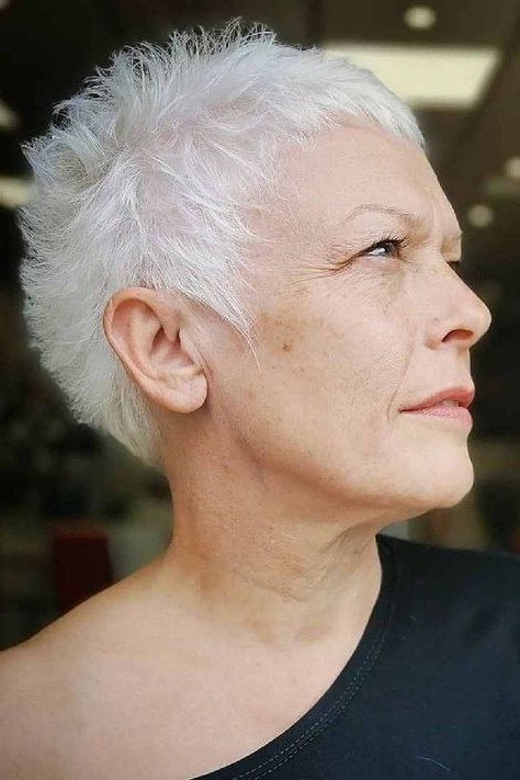 Textured spiky white pixie for women over 60, side view