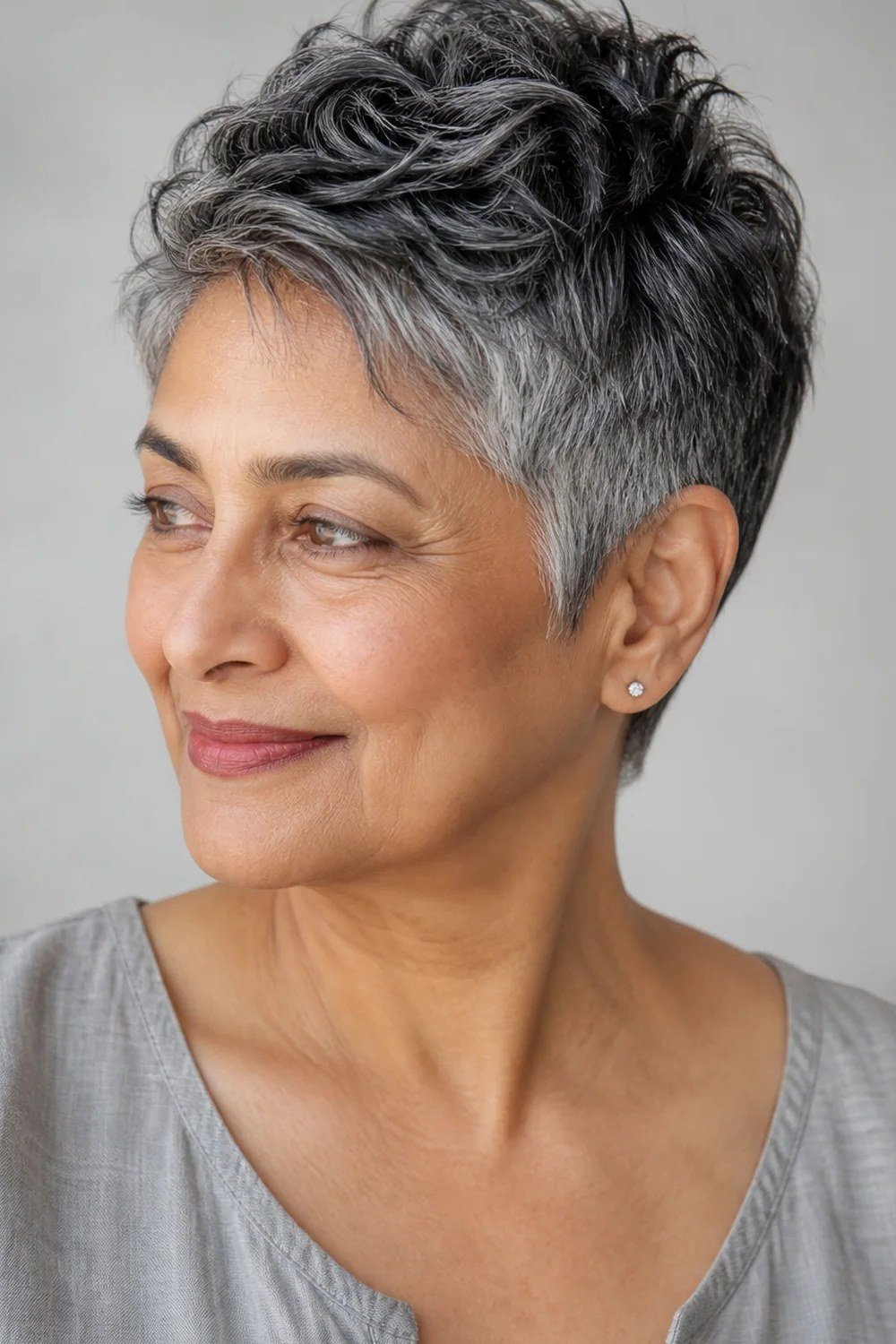 Dark textured salt-and-pepper pixie for women over 60