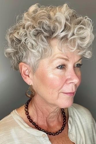 Voluminous curly white pixie with defined curls for older women