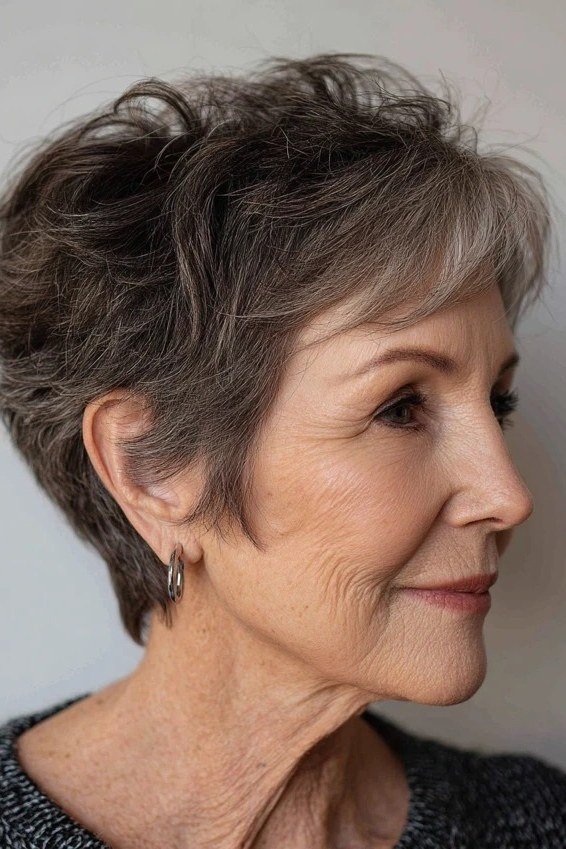 Dimensional brown-grey pixie for older women, soft layers