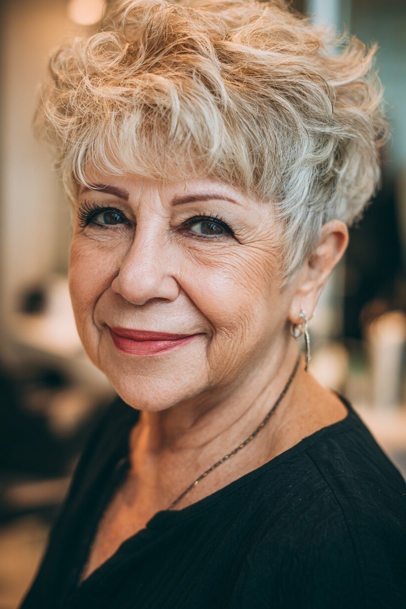 Curly blonde pixie with defined curls for women over 60