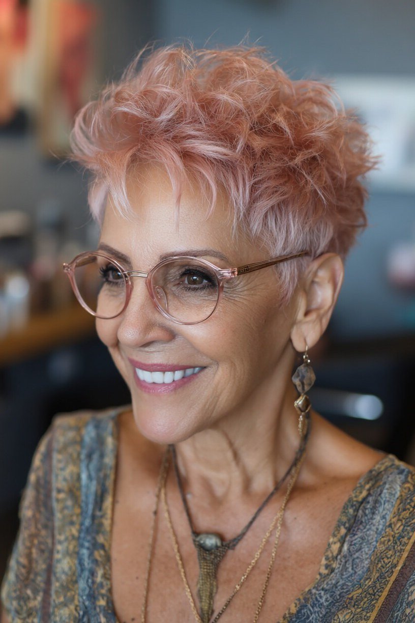 Pink tinted pixie with glasses for older women, edgy color