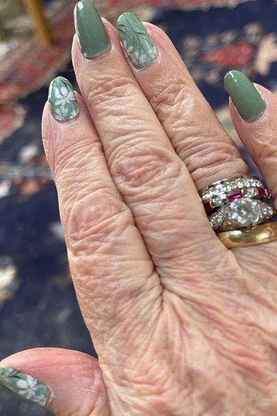 Sage Green with Botanical Leaf Art nail art for women over 50
