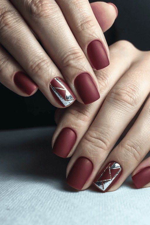 Oxblood Matte with Silver Line nail art for women over 50