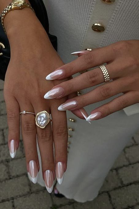 Pearl Chrome Almond nail art for women over 50