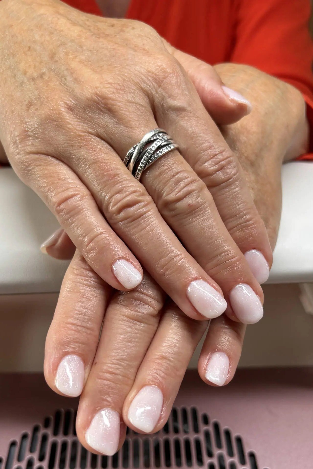 Clean White Manicure with Gold Rings - short almond nails for women over 50