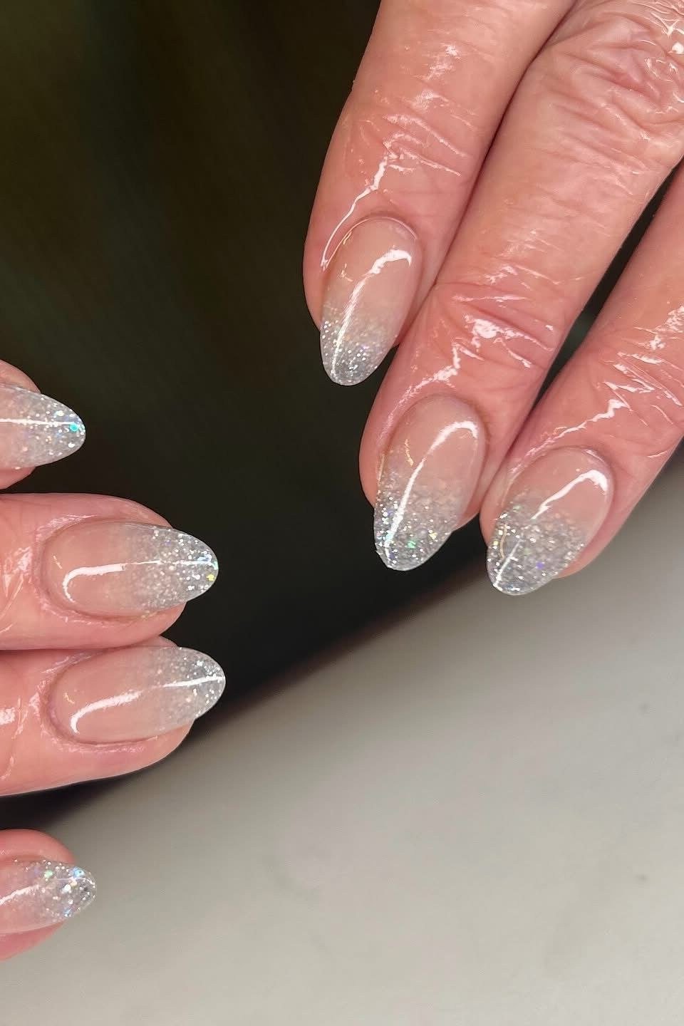 Silver Glitter French Tips - short almond nails for women over 50