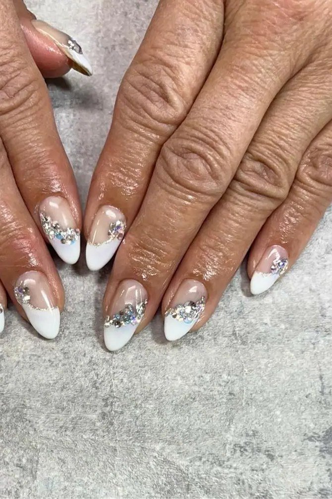 White Almond with Floral Foil - short almond nails for women over 50