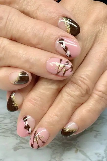 Nude Almond with Black and Chrome Accents - short almond nails for women over 50
