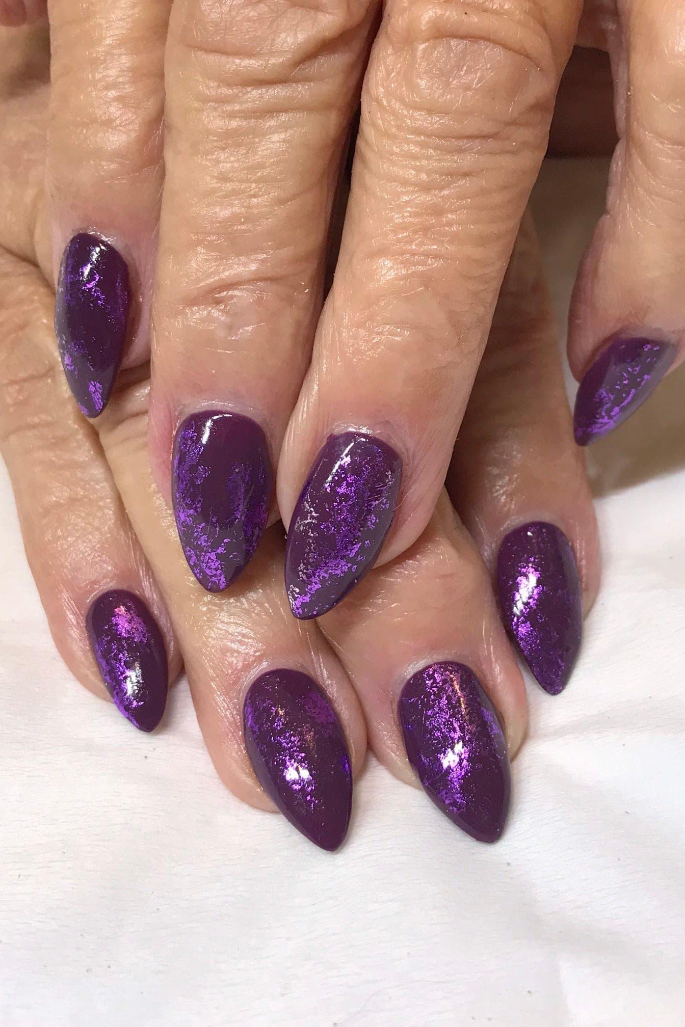 Purple Glitter Almond - short almond nails for women over 50