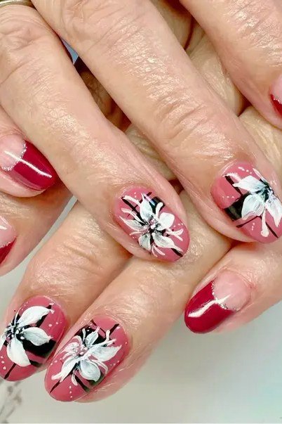 Red Almond with Floral Art - short almond nails for women over 50
