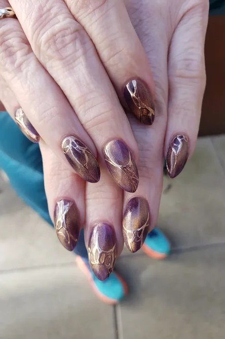 Brown-Purple Marble Almond - short almond nails for women over 50
