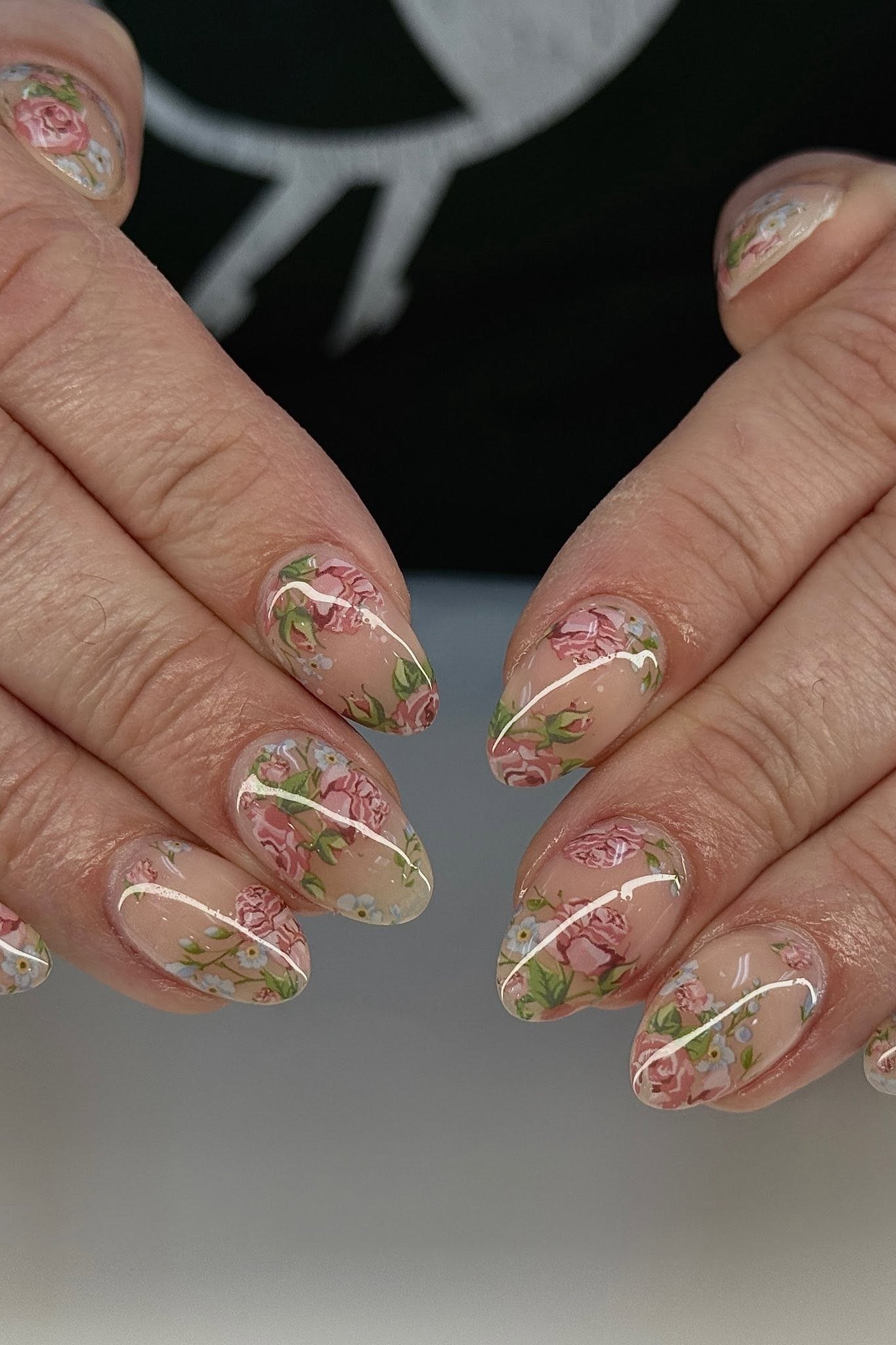 Floral Foil Almond - short almond nails for women over 50