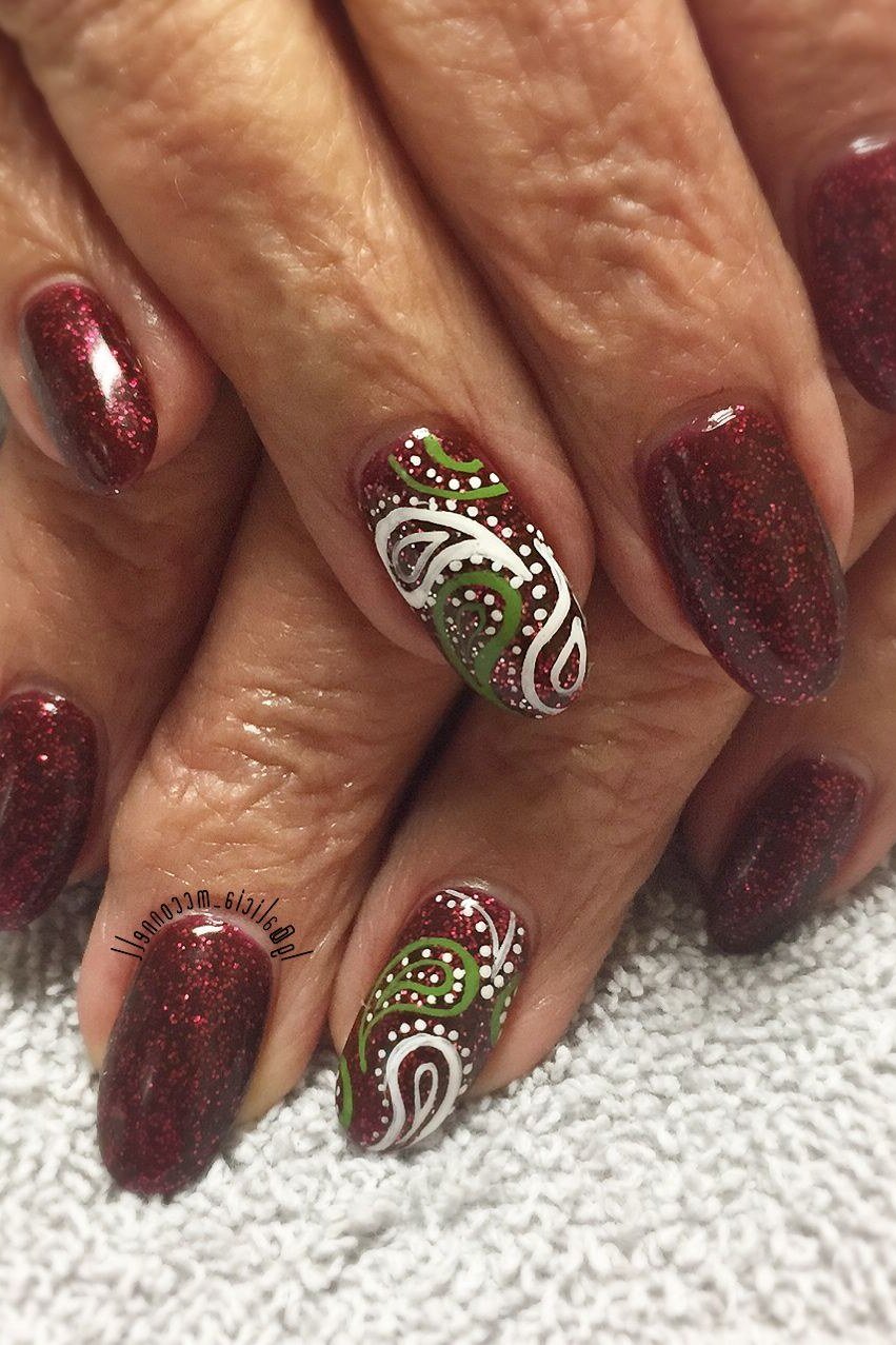 Burgundy Glitter with Green Paisley - short almond nails for women over 50