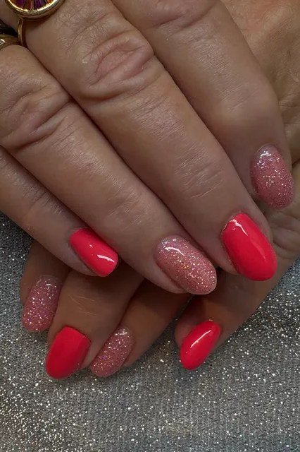 Red with Red Glitter Accents - short almond nails for women over 50