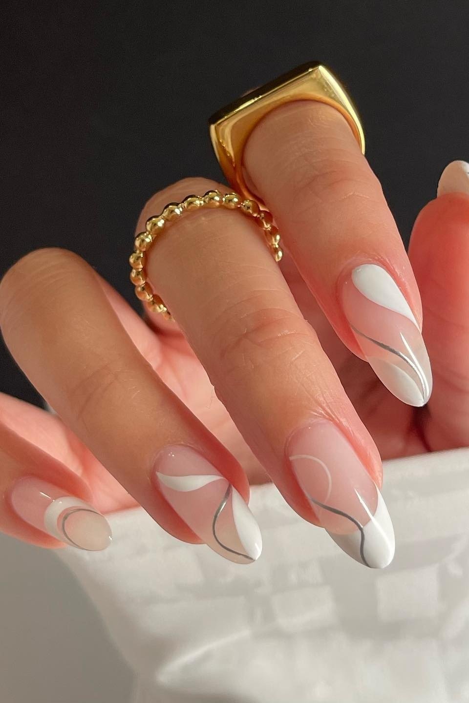 White Abstract Swirls on Black - short almond nails for women over 50
