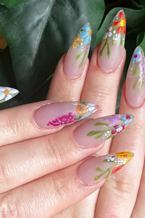 Colorful Floral Art, Longer Almond - short almond nails for women over 50