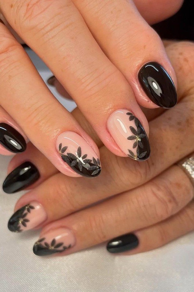 Black Almond with Black Floral Art - short almond nails for women over 50