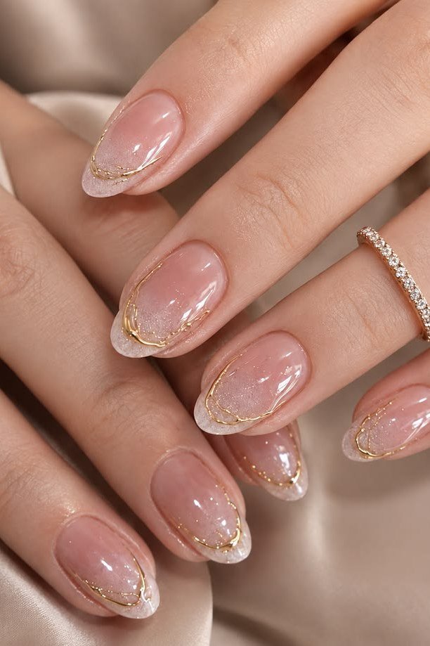 Nude Almond with Gold Foil Tips - short almond nails for women over 50
