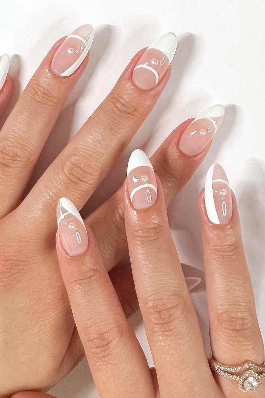 White French Swirl Almond - short almond nails for women over 50