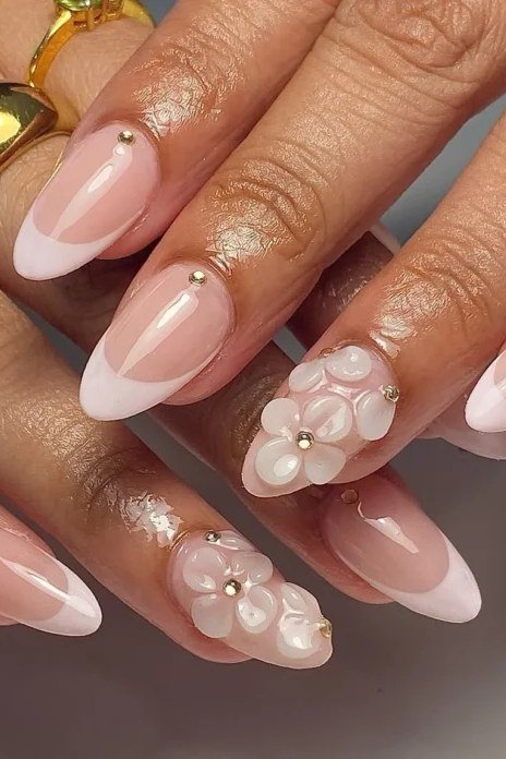 Pink-White French with 3D Florals - short almond nails for women over 50