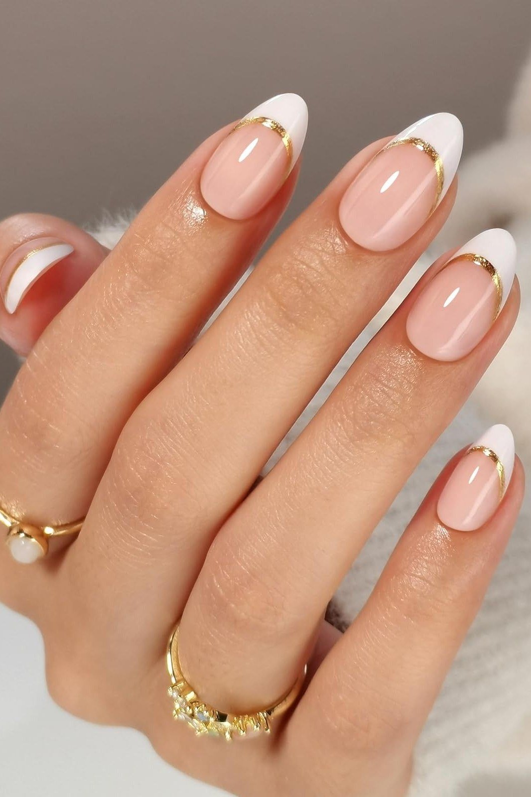 Nude Almond with Gold Cuff French - short almond nails for women over 50