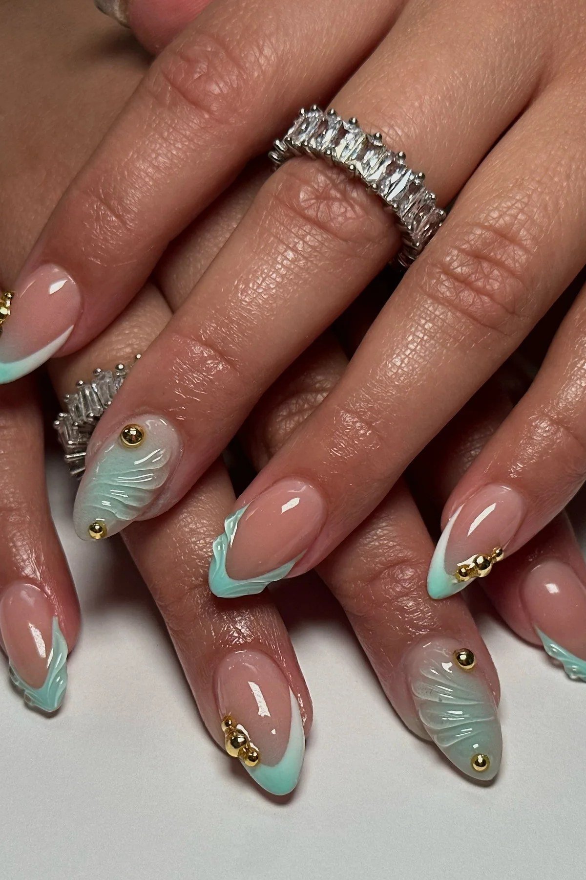 Teal-Turquoise French Tips - short almond nails for women over 50
