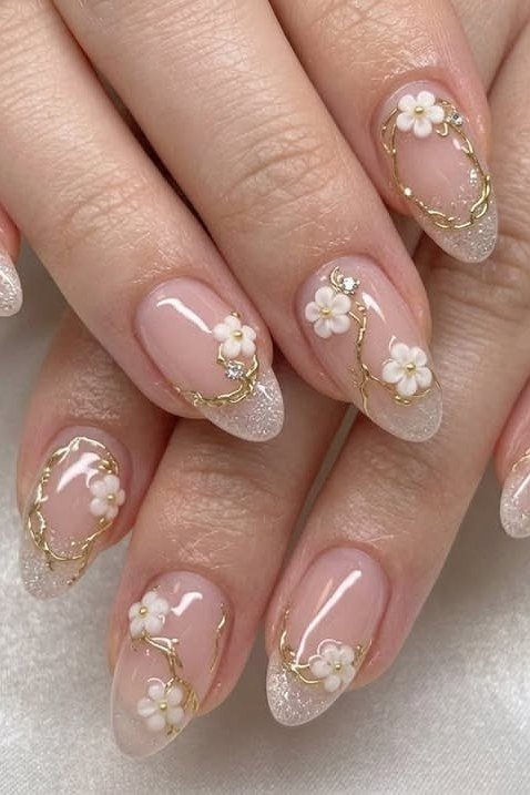 Nude Almond with White Flowers and Gold - short almond nails for women over 50