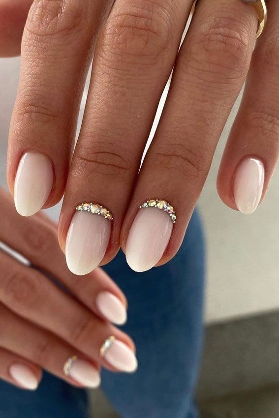 White Ombre with Rhinestone Accents - short almond nails for women over 50