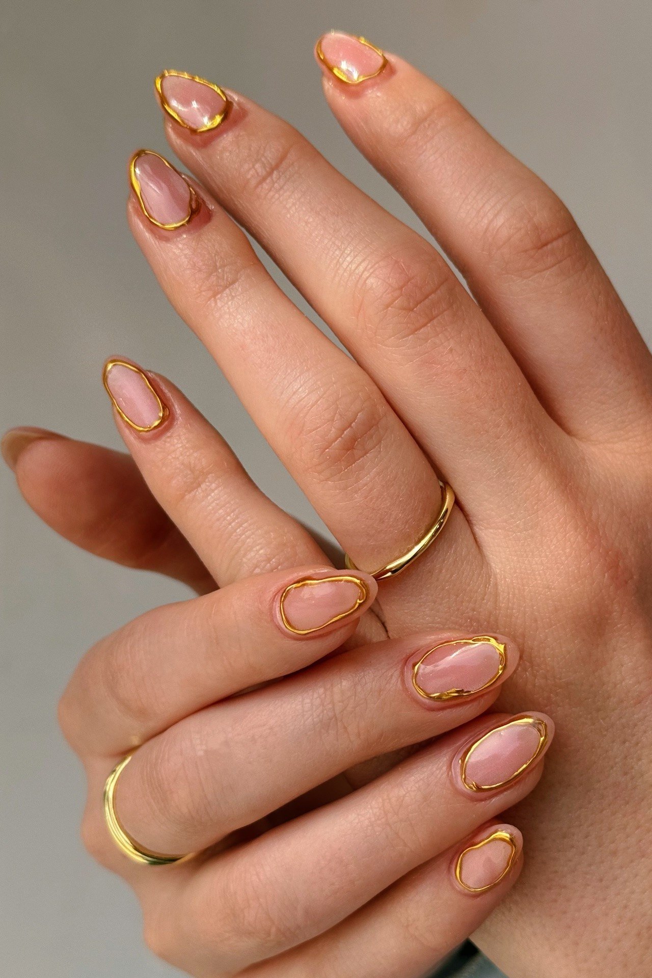 Nude Almond with Gold Chrome Tips - short almond nails for women over 50