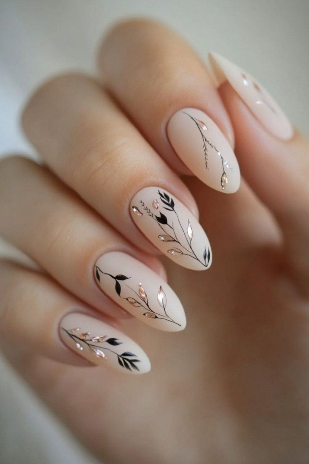White Almond with Black Botanical Art - short almond nails for women over 50