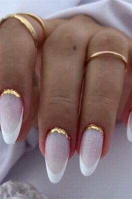 White Ombre with Gold Cuff Tips - short almond nails for women over 50