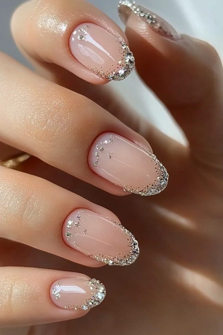 Nude Almond with Silver Glitter Tips - short almond nails for women over 50