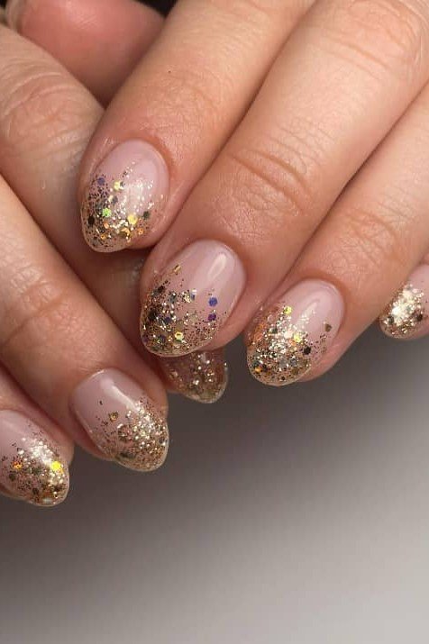 Nude Almond with Gold Glitter Tips - short almond nails for women over 50