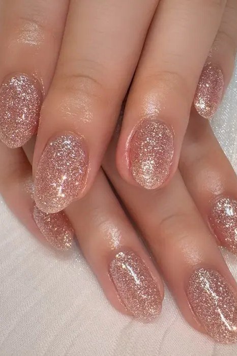 Rose-Gold Glitter Almond - short almond nails for women over 50