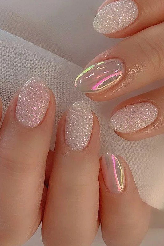 Pink Pearl Chrome with Glitter - short almond nails for women over 50