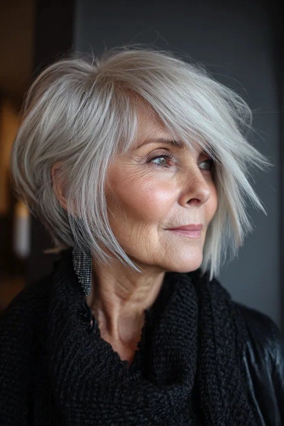 This silver bob sweeps elegantly to one side with soft, face-framing layers.