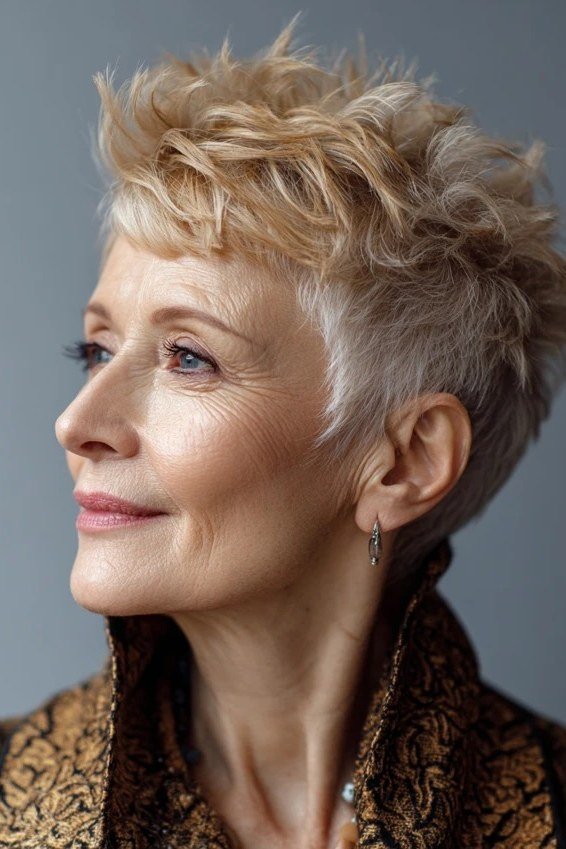 Soft curls and a warm golden blonde shade make this pixie utterly charming.