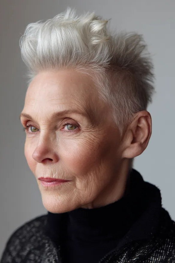 This showstopper sweeps white hair up and back into a tall, proud pompadour.