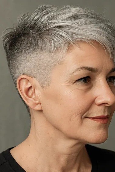 This daring pixie features closely buzzed sides with a longer, sweeping white top.