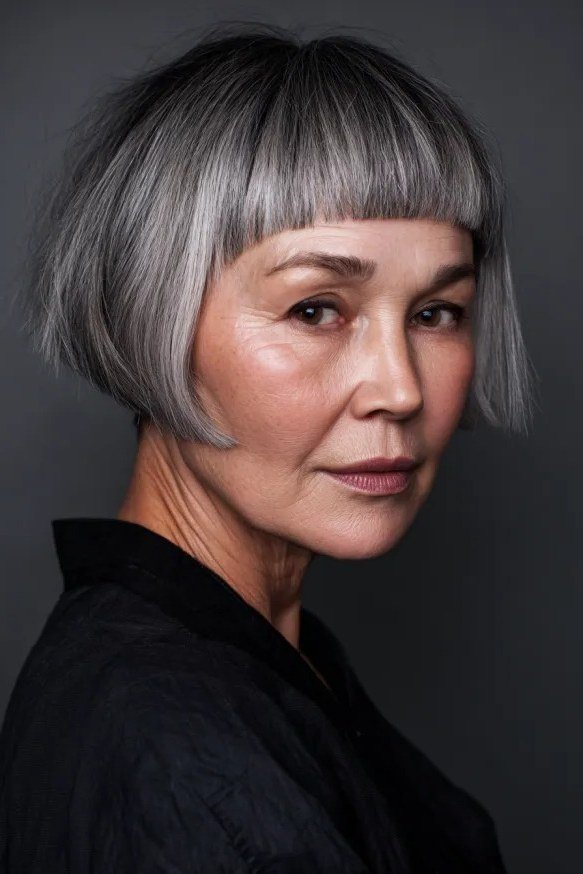 A chic grey bob gets a bold update with straight-across bangs.