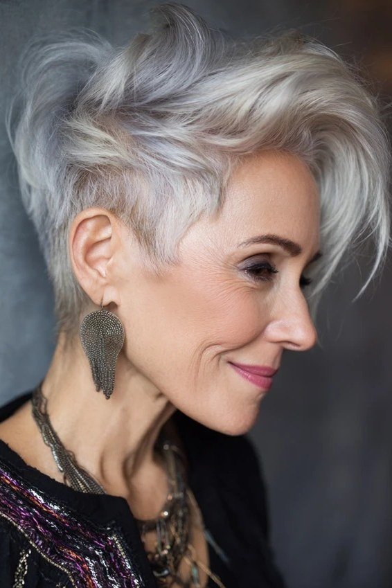 This pixie sweeps dramatically to one side with tons of volume on top.