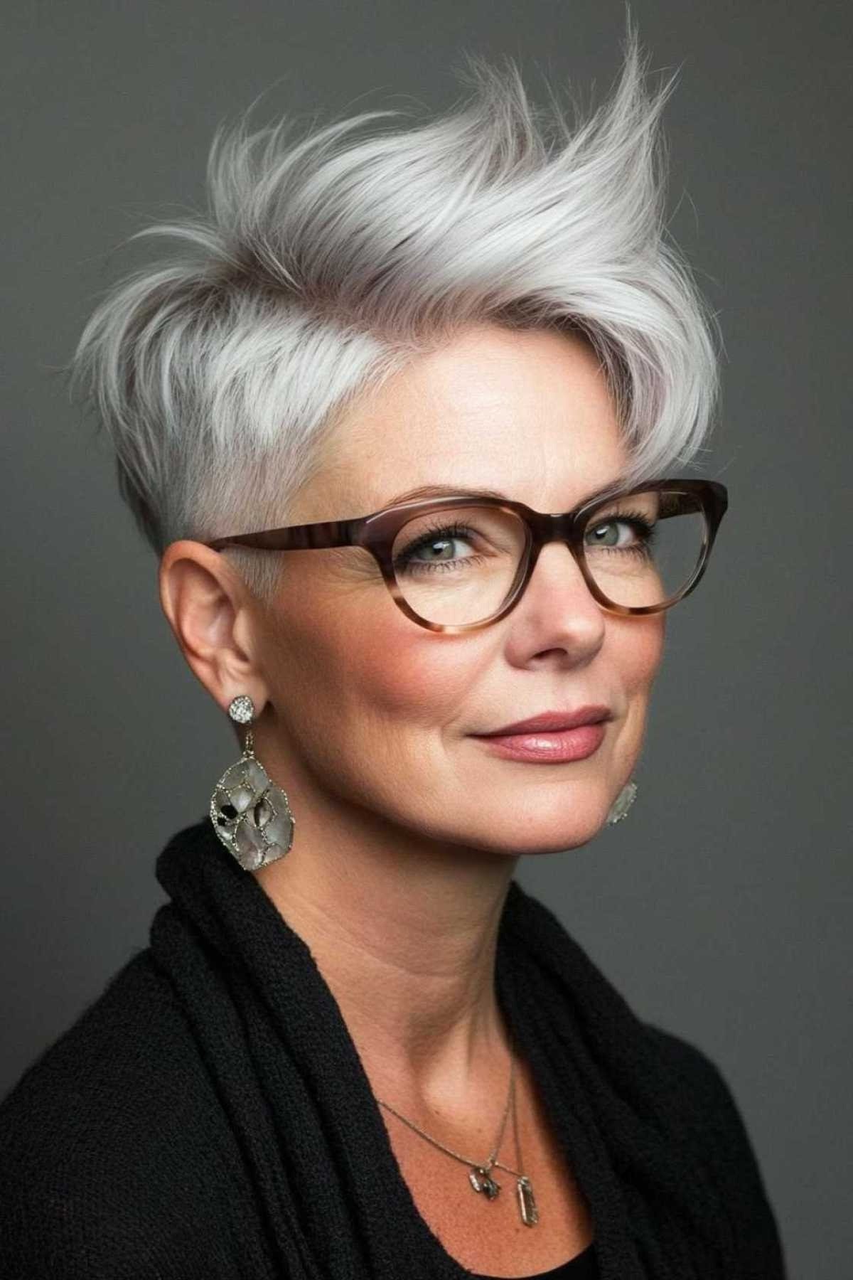 A tall silver quiff gives this pixie retro-rockabilly flair, styled with chic glasses.