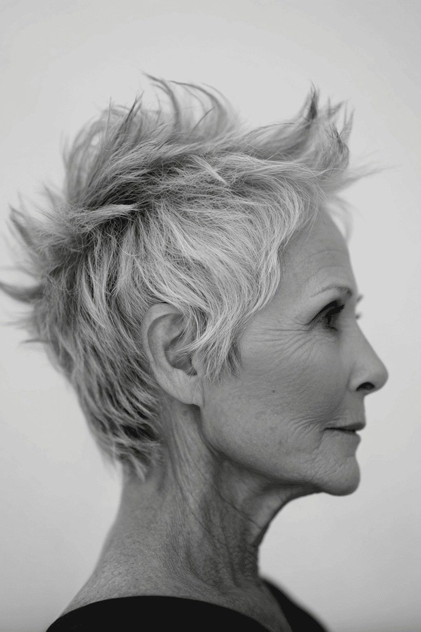 From the side, this crop reveals a gorgeous silhouette: short at the nape, rising to textured spikes on top.