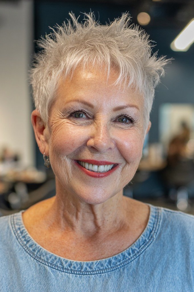 Fresh from the salon, this platinum crop is soft, textured, and glowing.