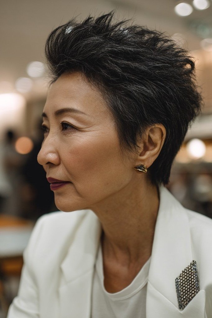This pixie pairs deep, dark color with a spiky, textured top for striking contrast.