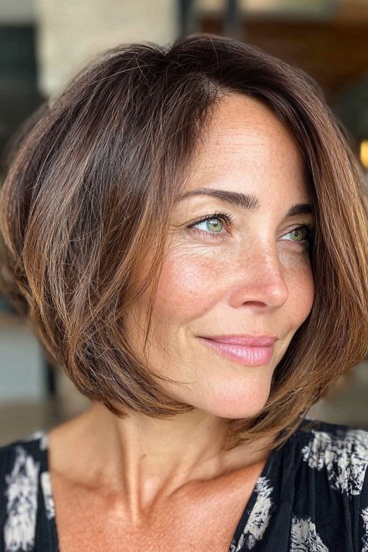 This warm brown bob proves you do not have to go grey to be sassy.