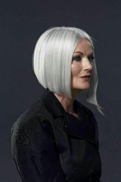 From the side, this silver bob reveals a flawless angled shape, longer in front and shorter in back.
